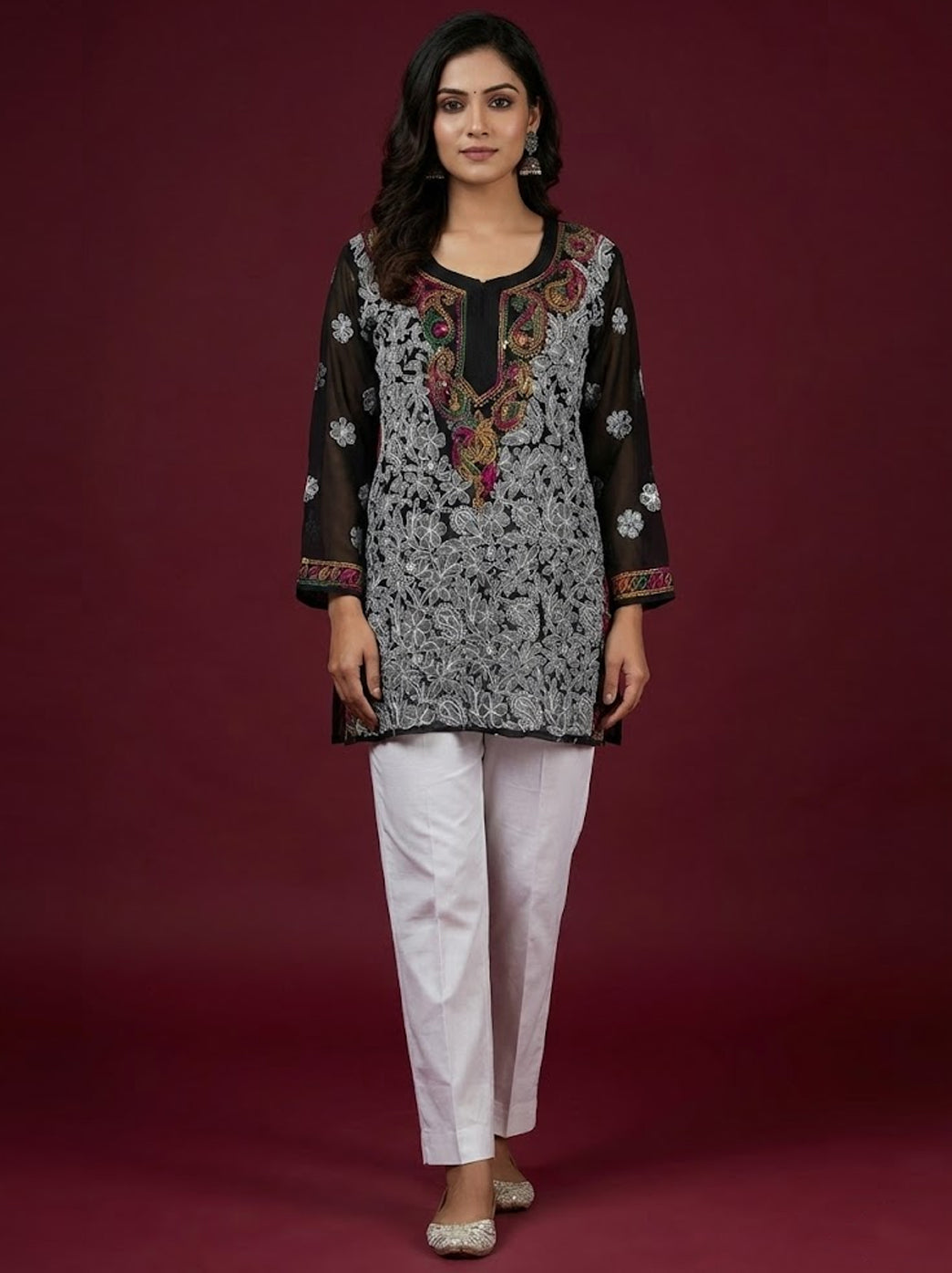 Black Multi Georgette Chikankari Short Jaal Kurti