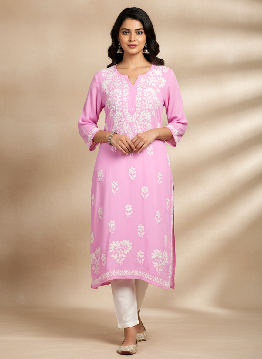 Pink Rayon Chikankari Straight Kurti