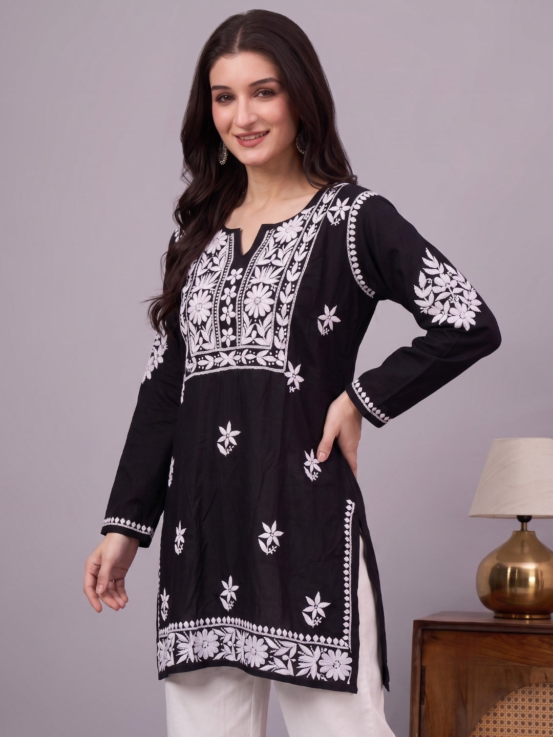 Nushq Rayon Chikankari Short Kurti - Black