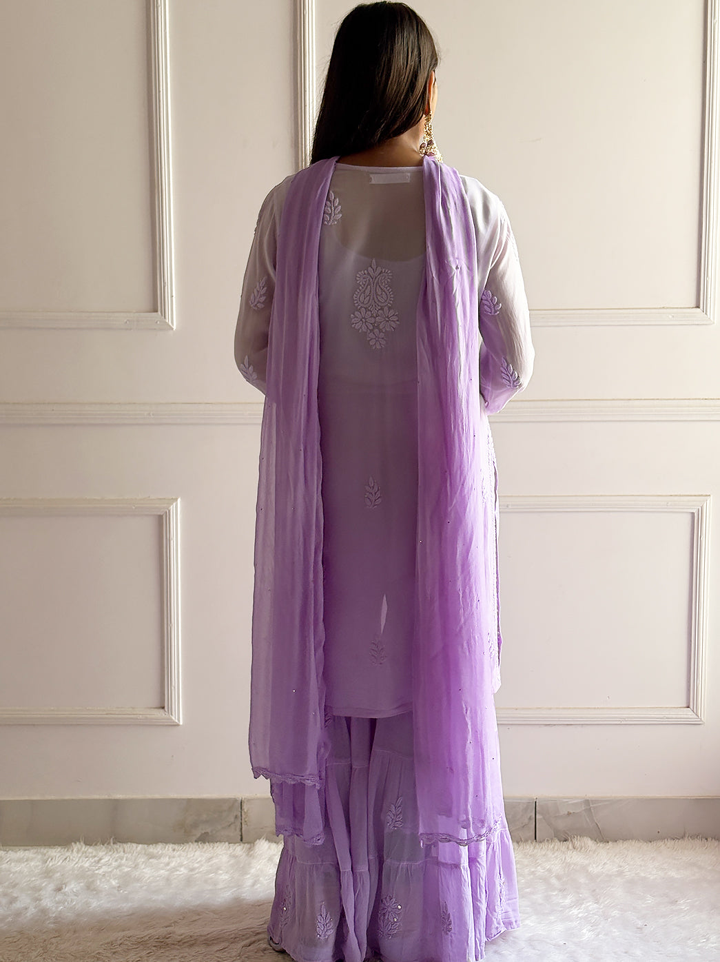 Premium viscose mukaish kurti garara set with dupatta featuring intricate neckline embroidery and traditional Lucknowi inspired craftsmanship