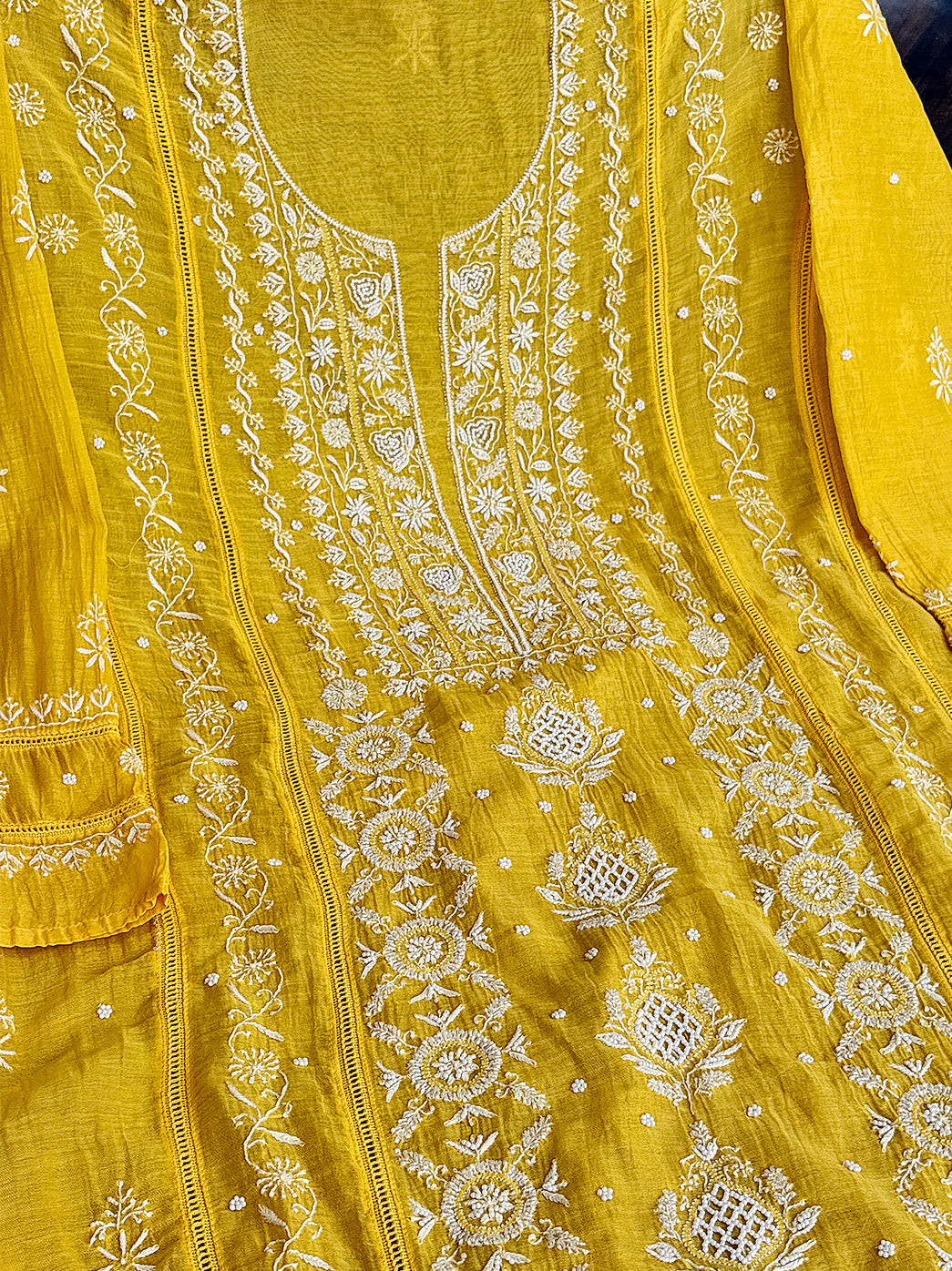 Yellow Mulmul Chanderi Un-stitched Chikankari Kurti Piece with Dupatta