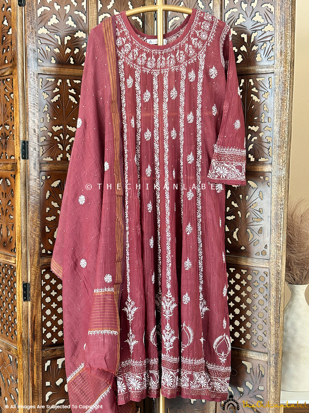 Coral Bhoomi Tissue Silk Chikankari Straight Kurti with Dupatta