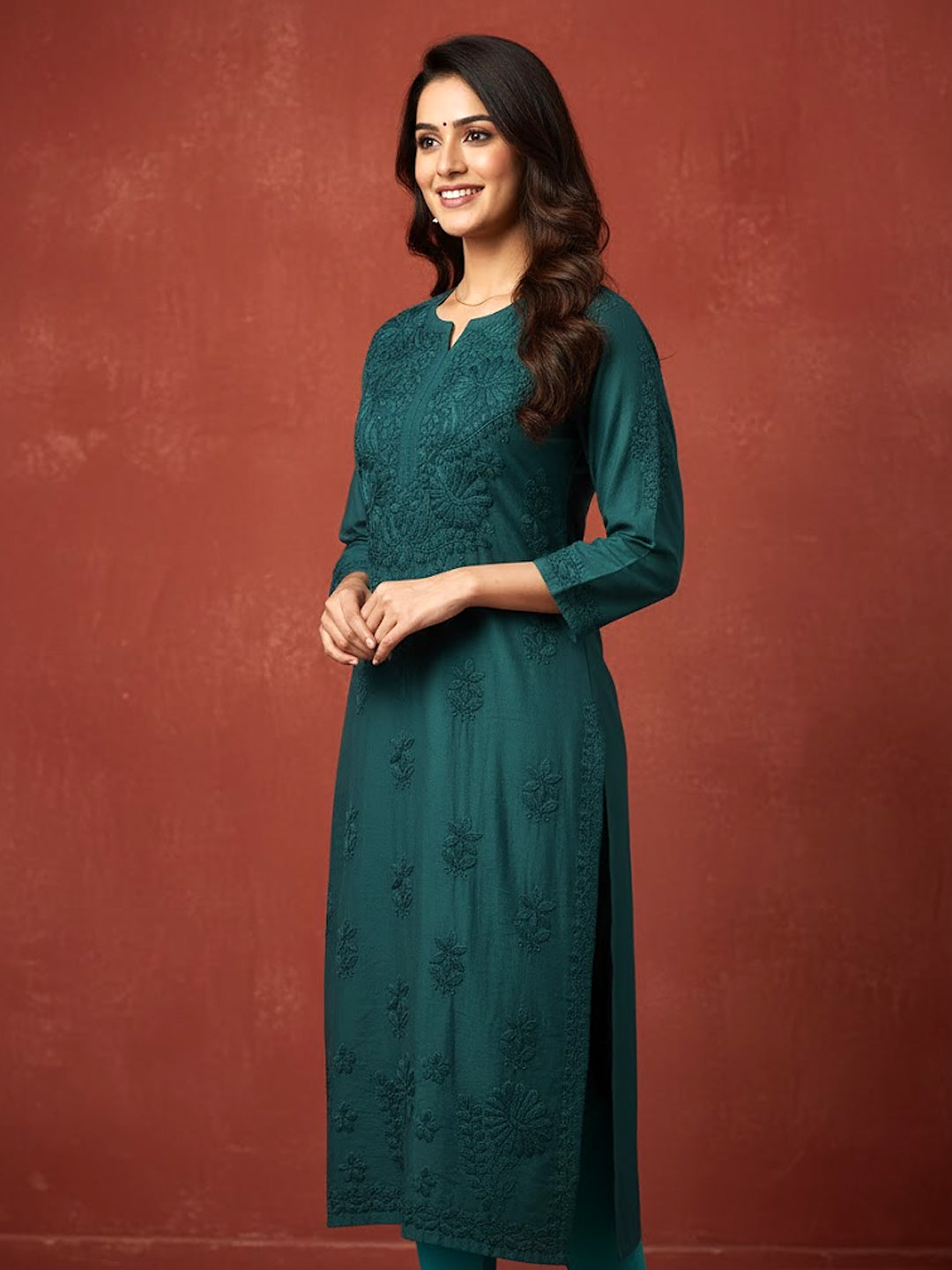 Teal Green Chanderi Chikankari Straight Kurti