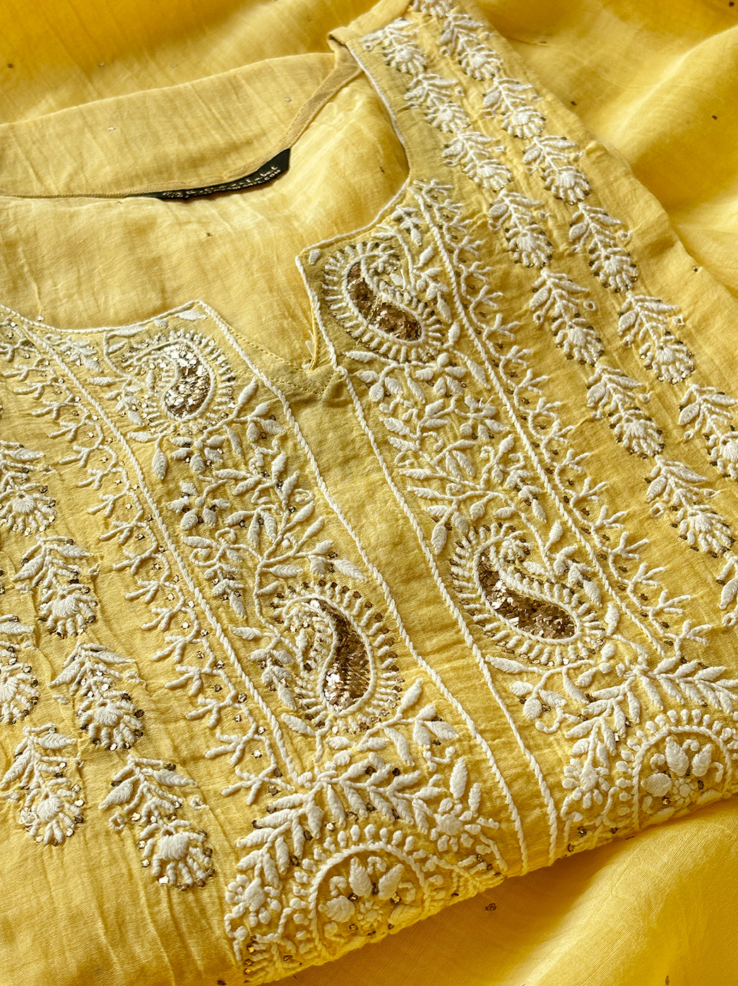 Yellow Mulmul Chanderi Semi-stitched Chikankari Kurti Piece with Dupatta