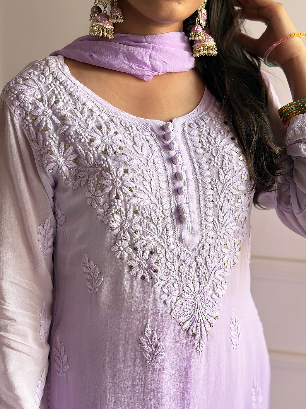 Elegant viscose mukaish kurti garara set with dupatta showcasing detailed chikankari style embroidery and flared garara for traditional celebrations