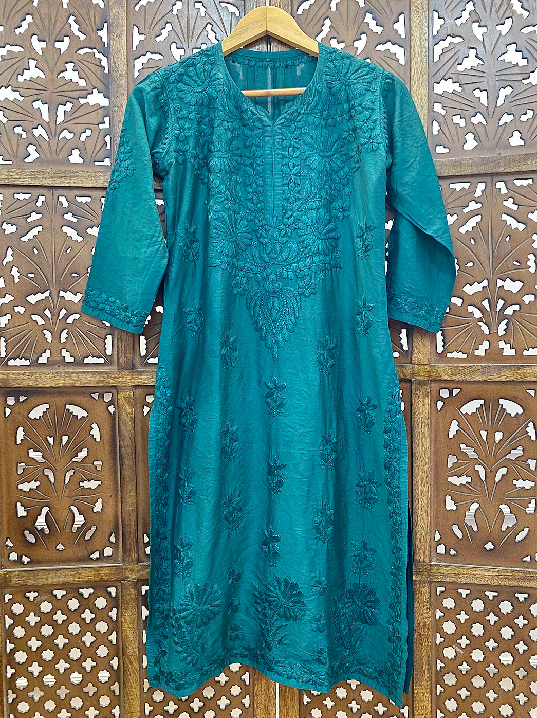 Teal Green Chanderi Chikankari Straight Kurti