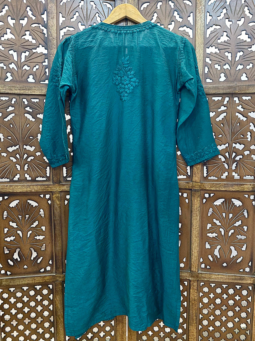Teal Green Chanderi Chikankari Straight Kurti