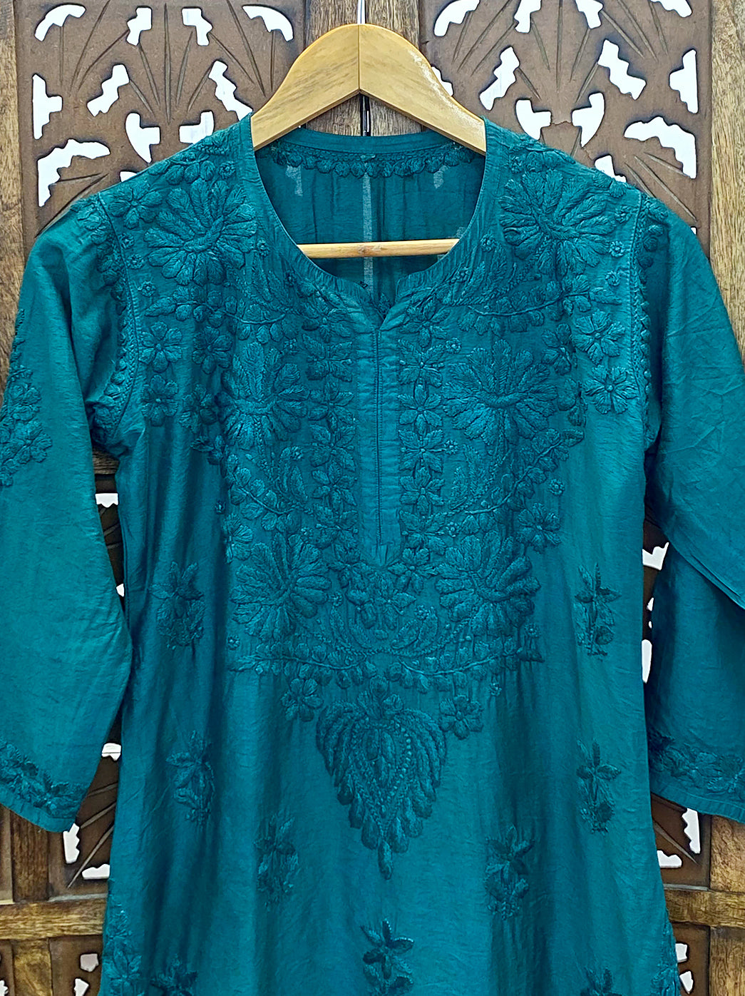 Teal Green Chanderi Chikankari Straight Kurti