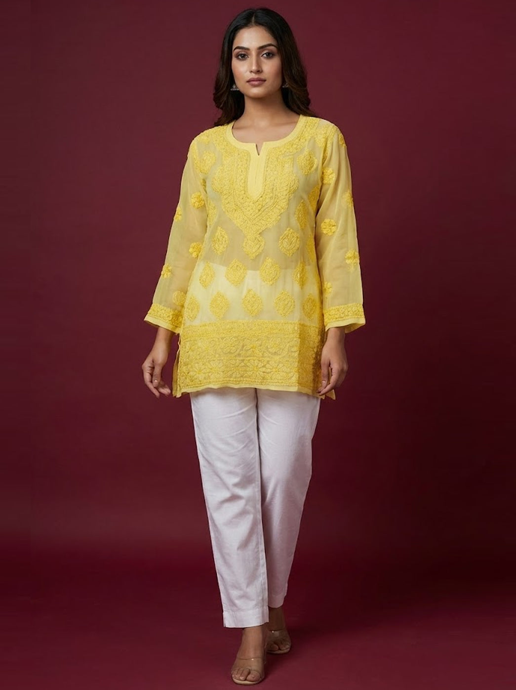 Yellow Georgette Chikankari Short Kurti