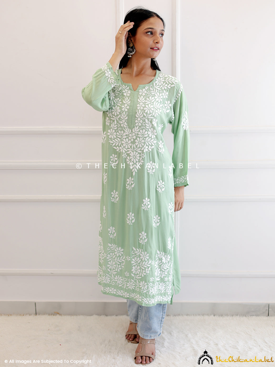 Green Modal Chikankari Straight Kurti