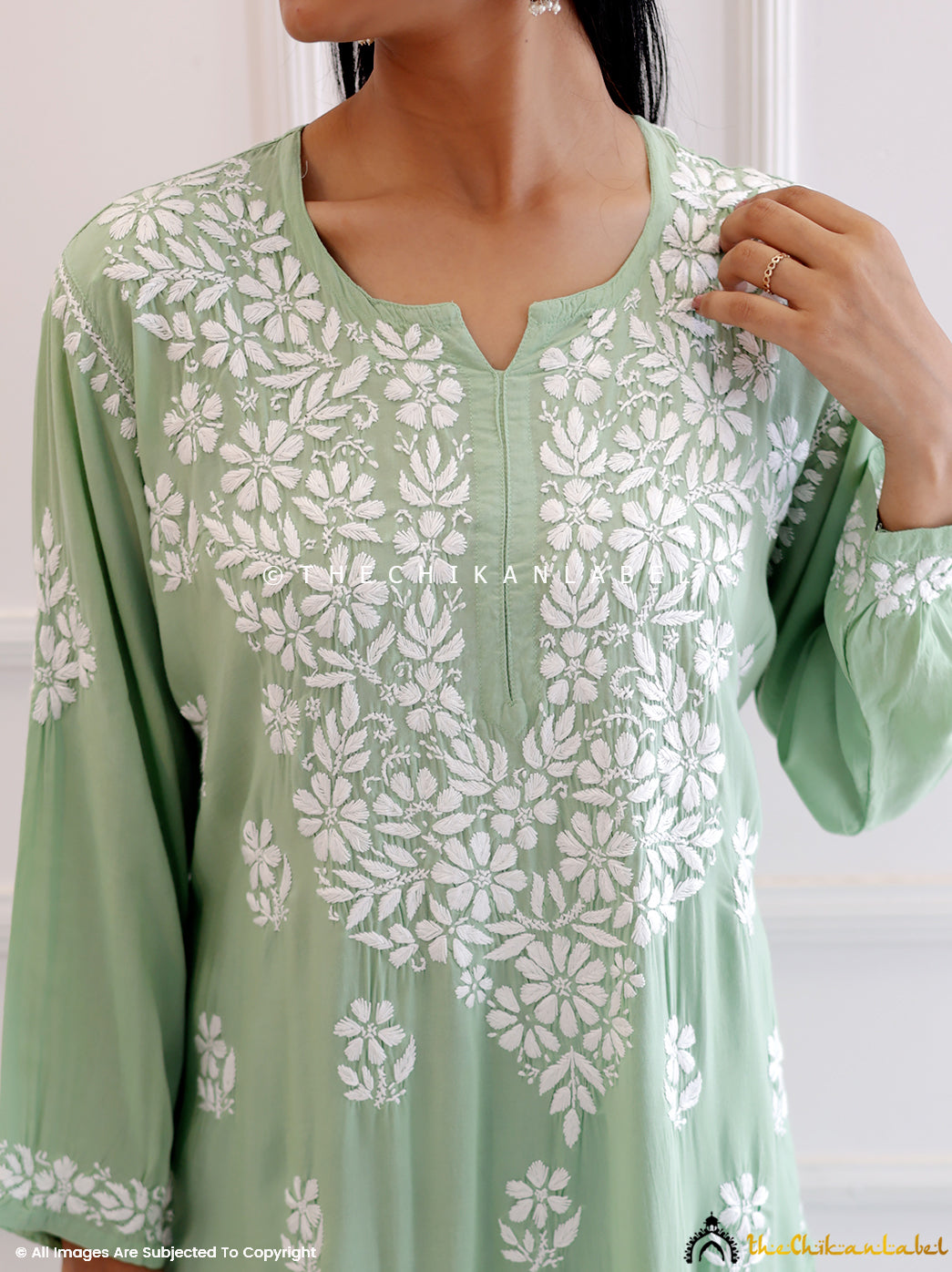 Green Modal Chikankari Straight Kurti