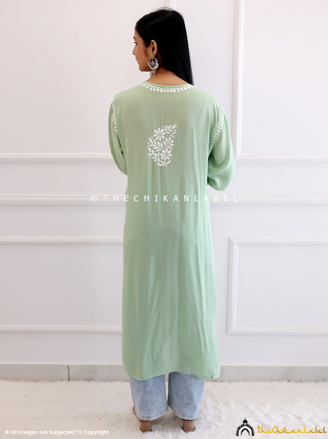 Green Modal Chikankari Straight Kurti