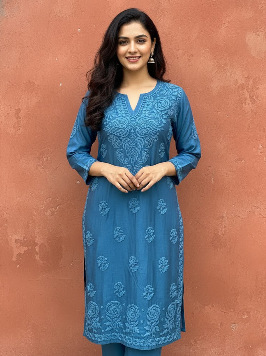 Teal Blue Chanderi Chikankari Straight Kurti