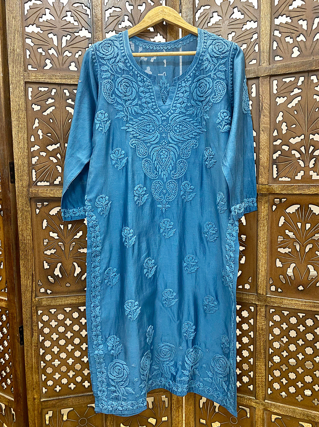 Teal Blue Chanderi Chikankari Straight Kurti