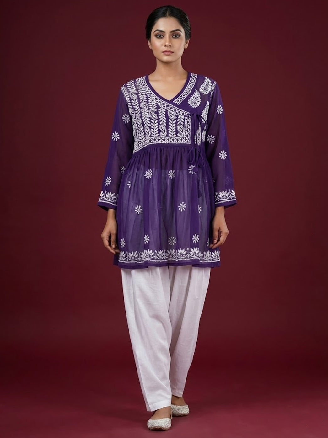 Purple Georgette Chikankari Short Angarkha