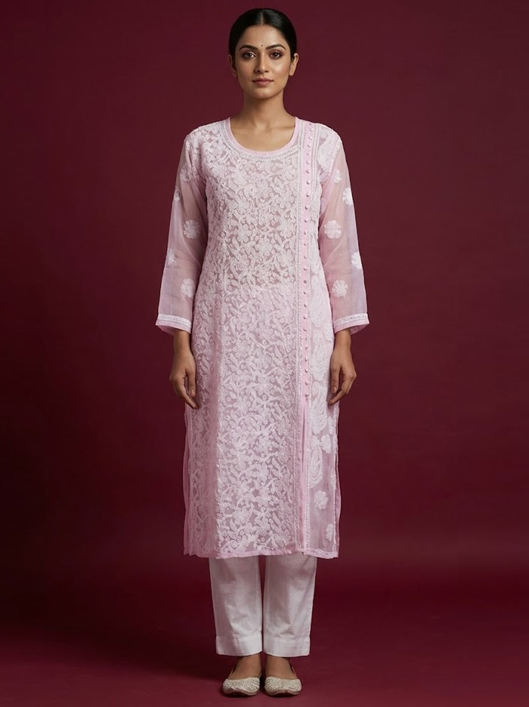 Baby Pink Georgette Chikankari Straight Kurti
