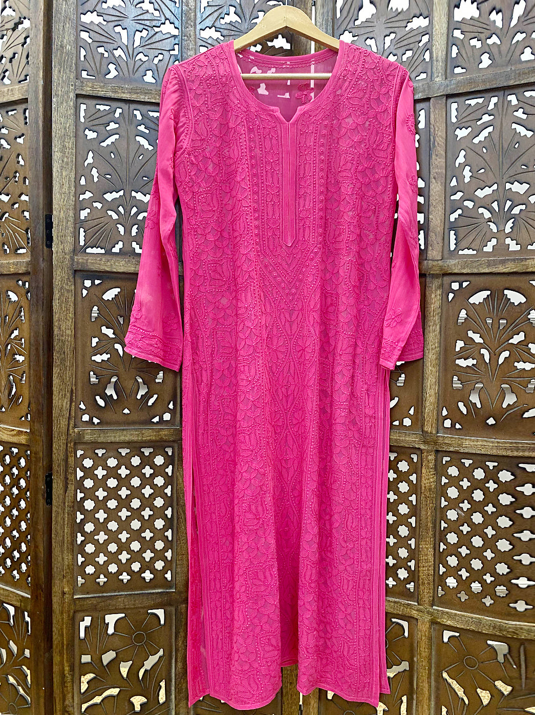 Hot Pink Viscose Chikankari Straight Kurti