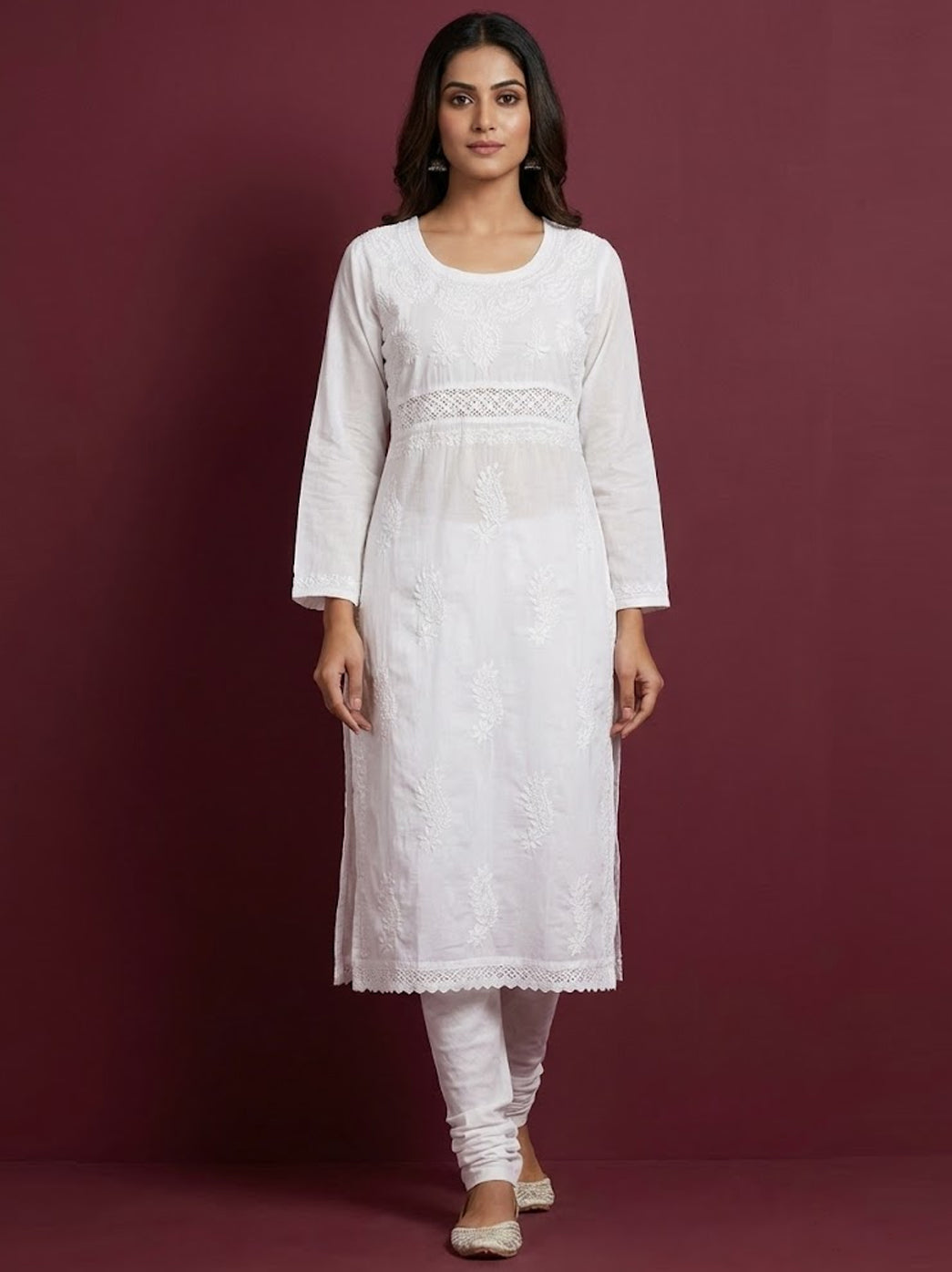 White Cotton Chikankari Straight Kurti