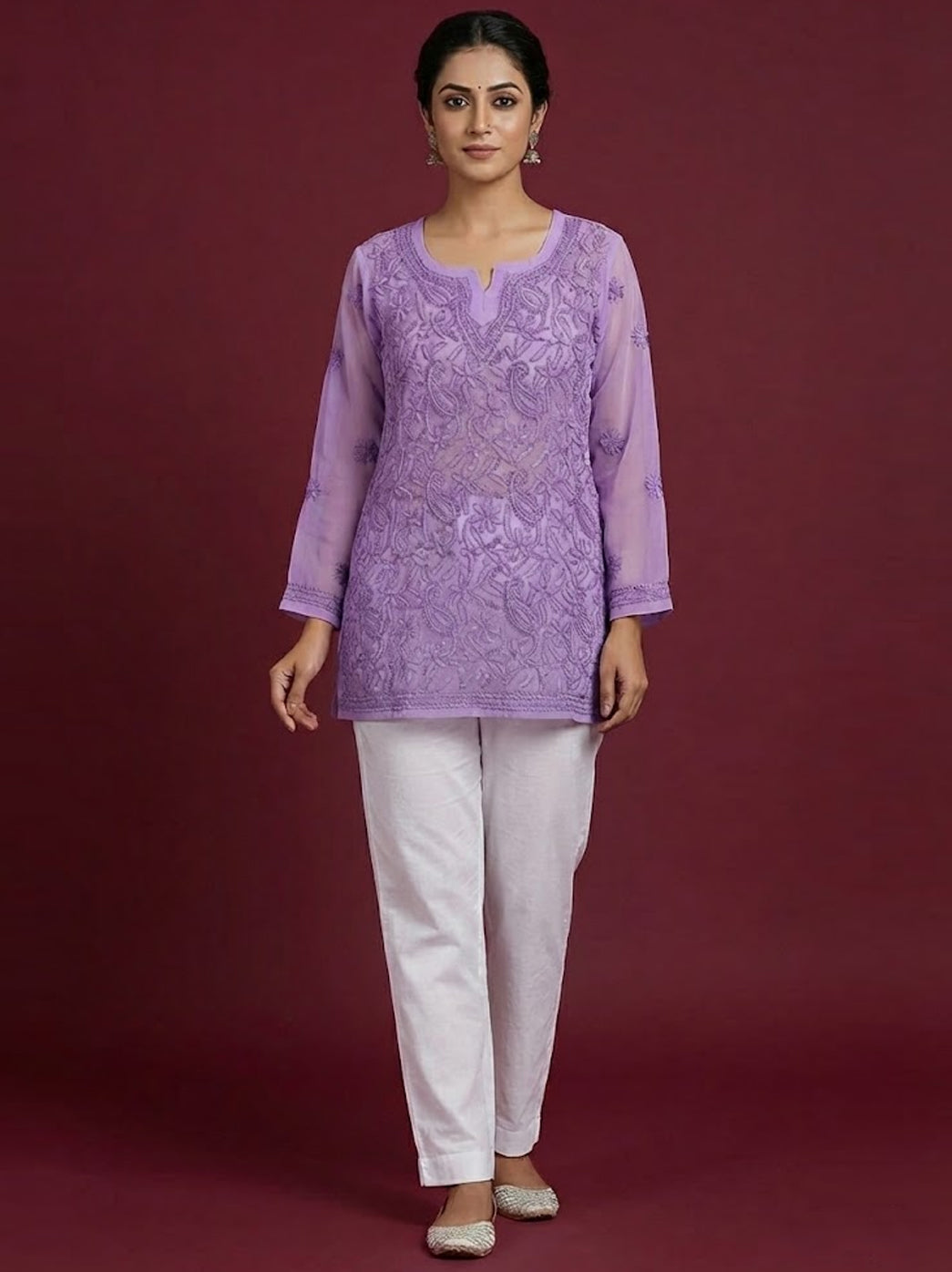 Lavender Georgette Chikankari Straight Kurti