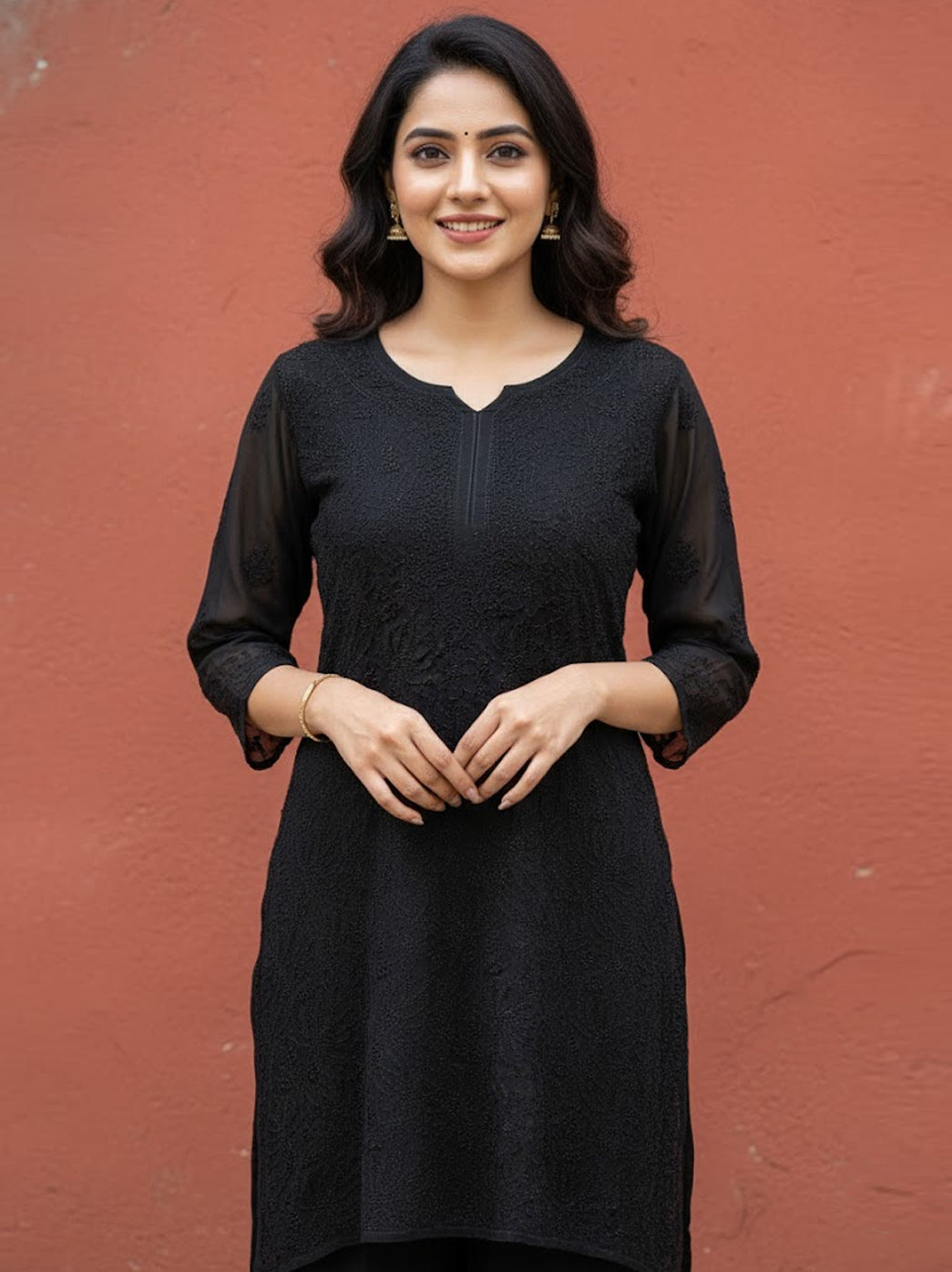 Black Viscose Chikankari Short Kurti