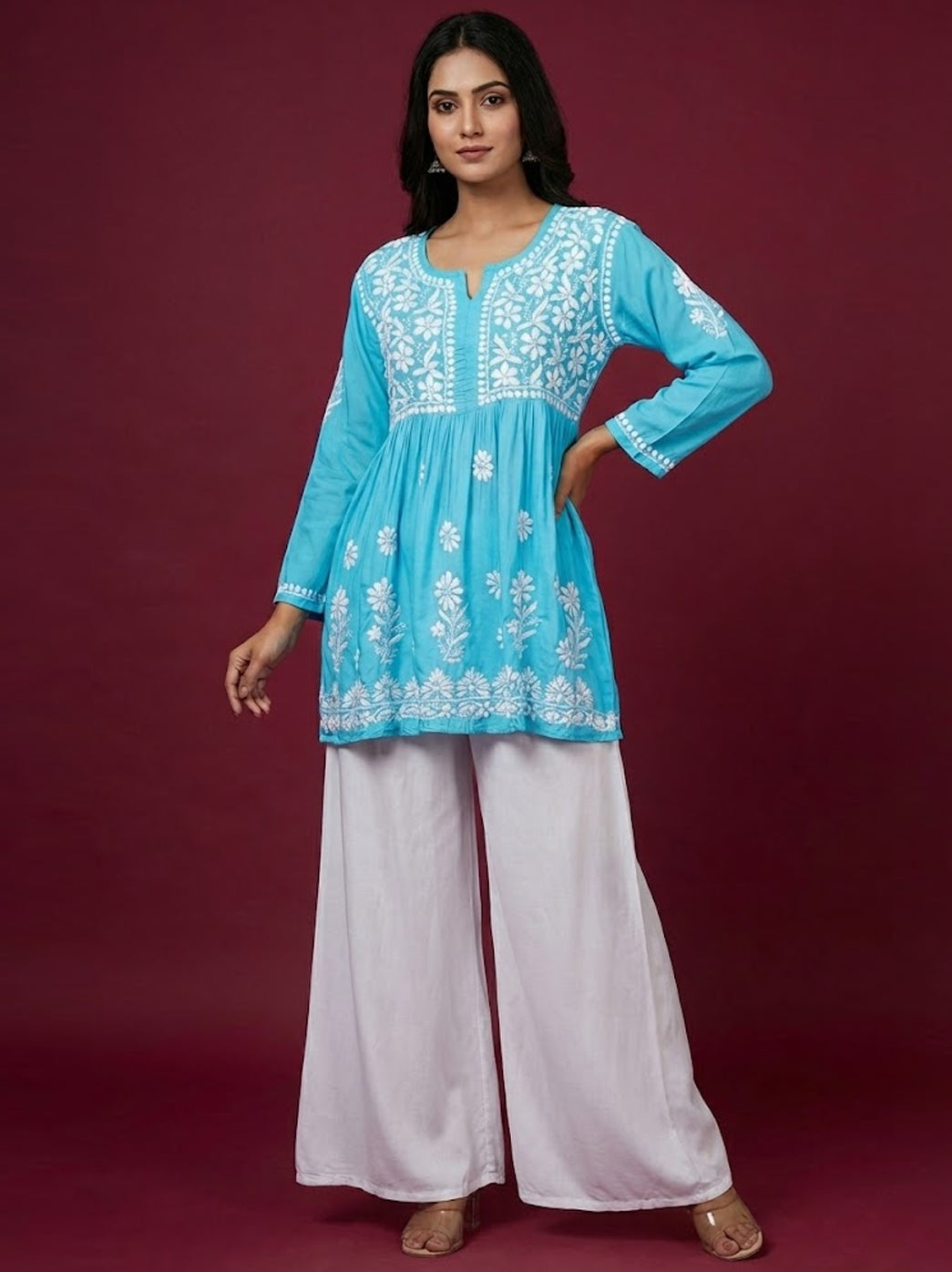 Sky Blue Modal Chikankari Short Top