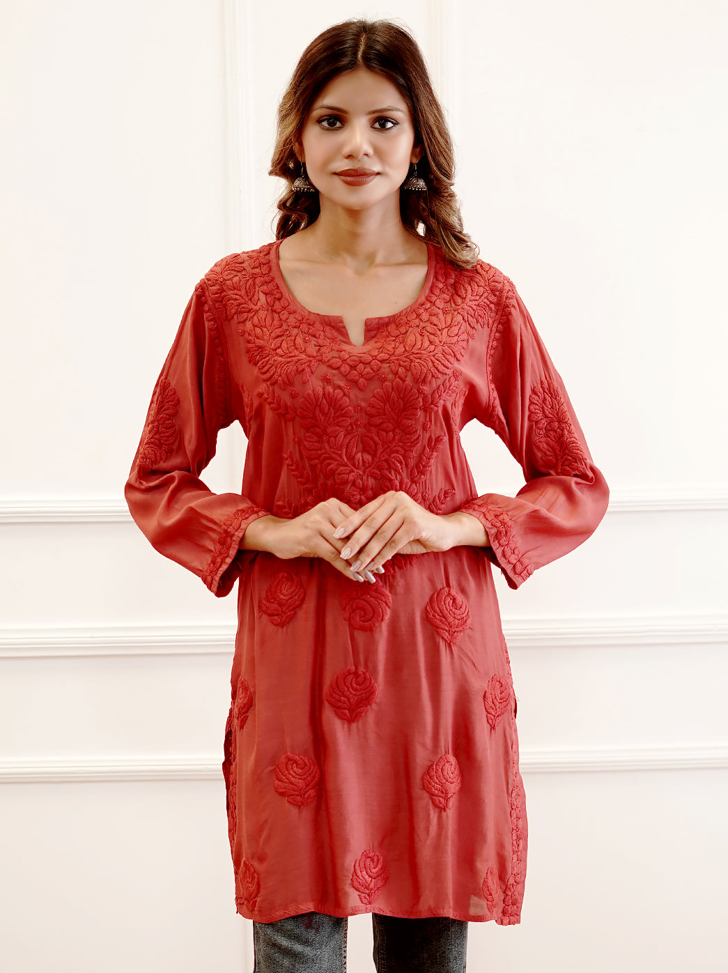 Red Muslin Chikankari Short Kurti