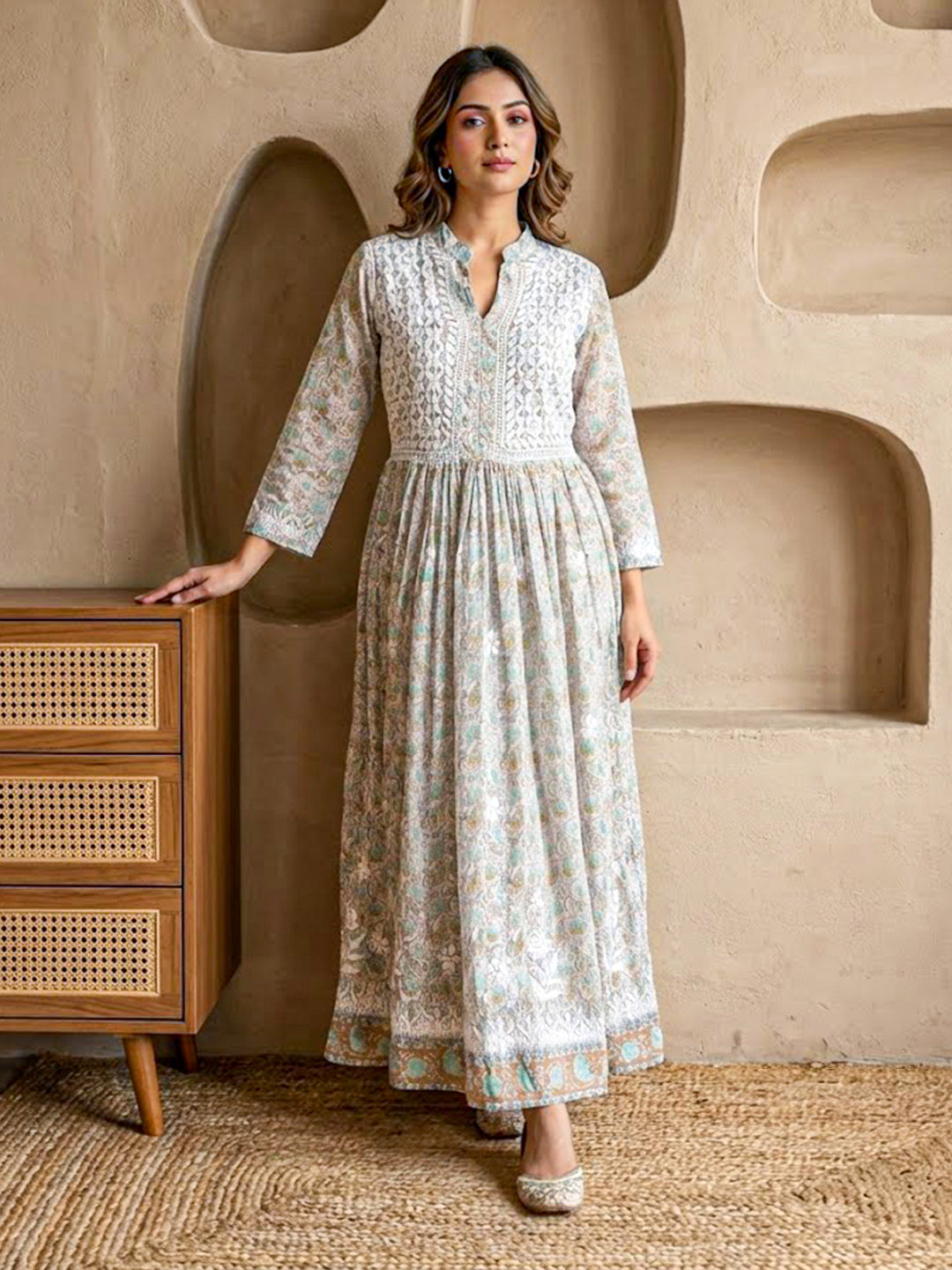 Sea Green Mulmul Chikankari Anarkali Kurti