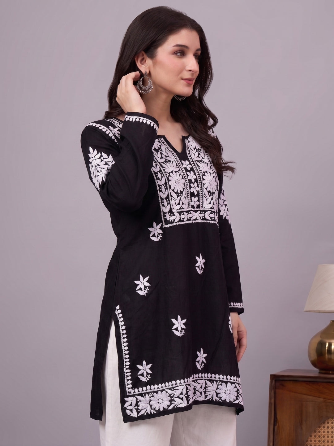 Nushq Rayon Chikankari Short Kurti - Black