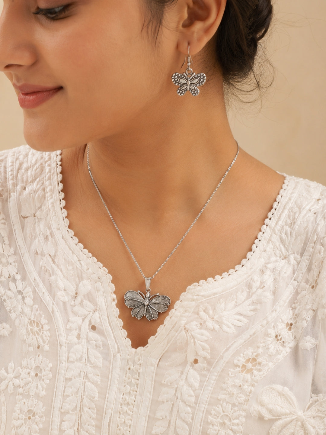 Titli Oxidised Silver Butterfly Pendant Necklace & Earrings Set