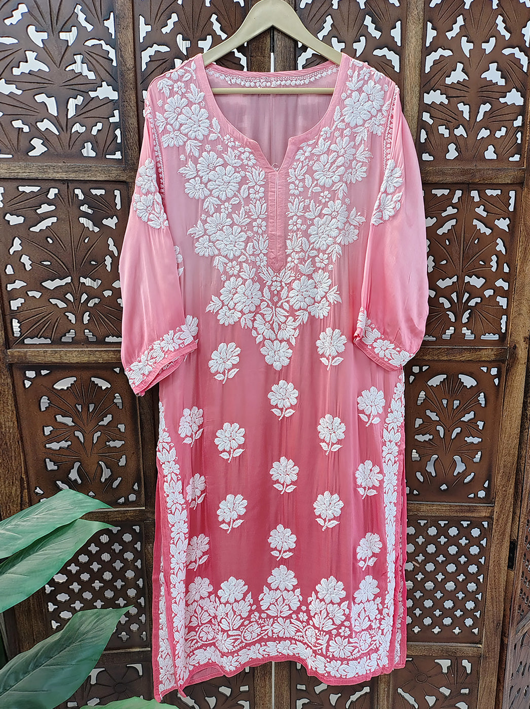 Peach Ombre Satin Modal Chikankari Straight Kurti