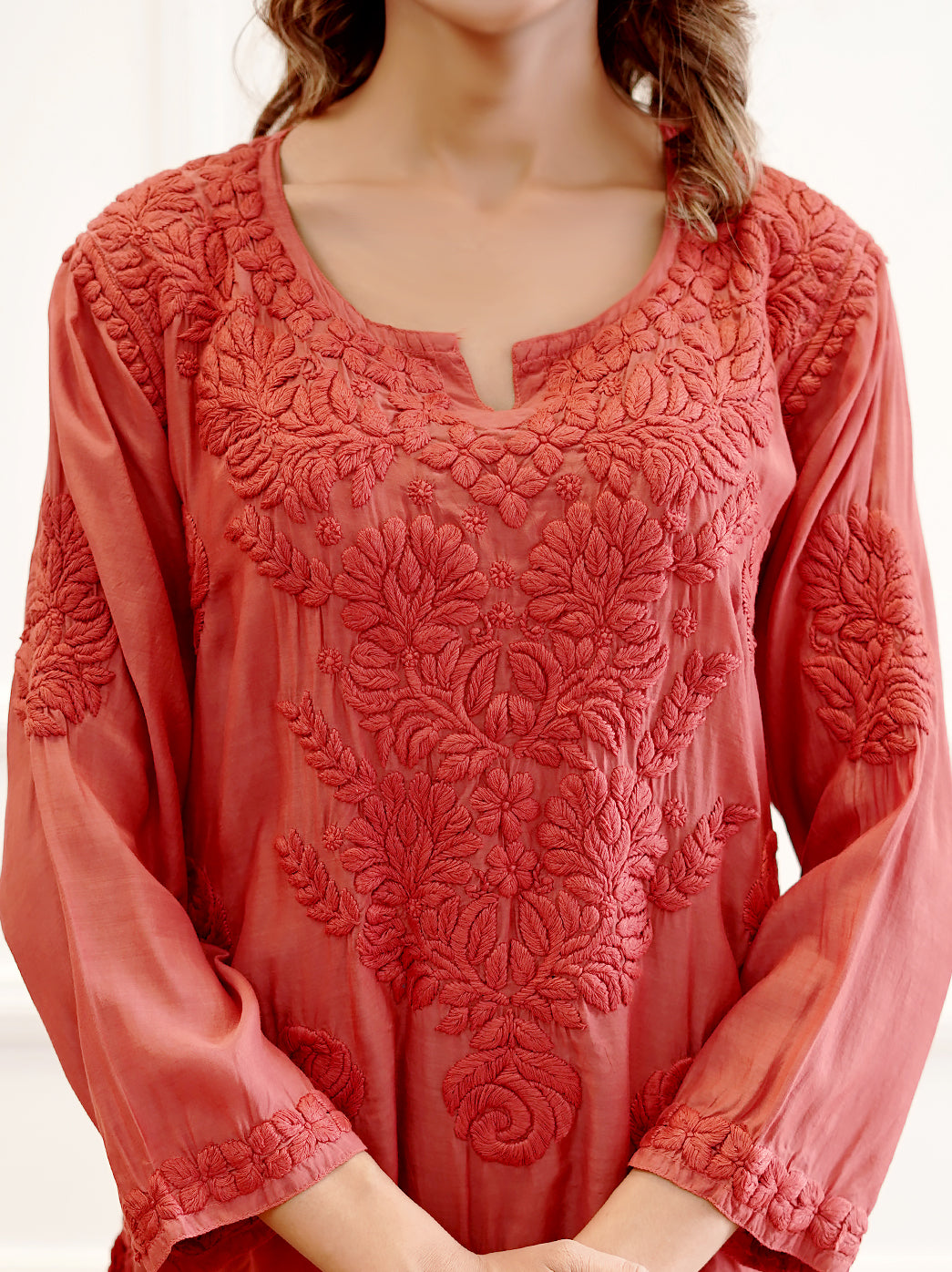 Red Muslin Chikankari Short Kurti