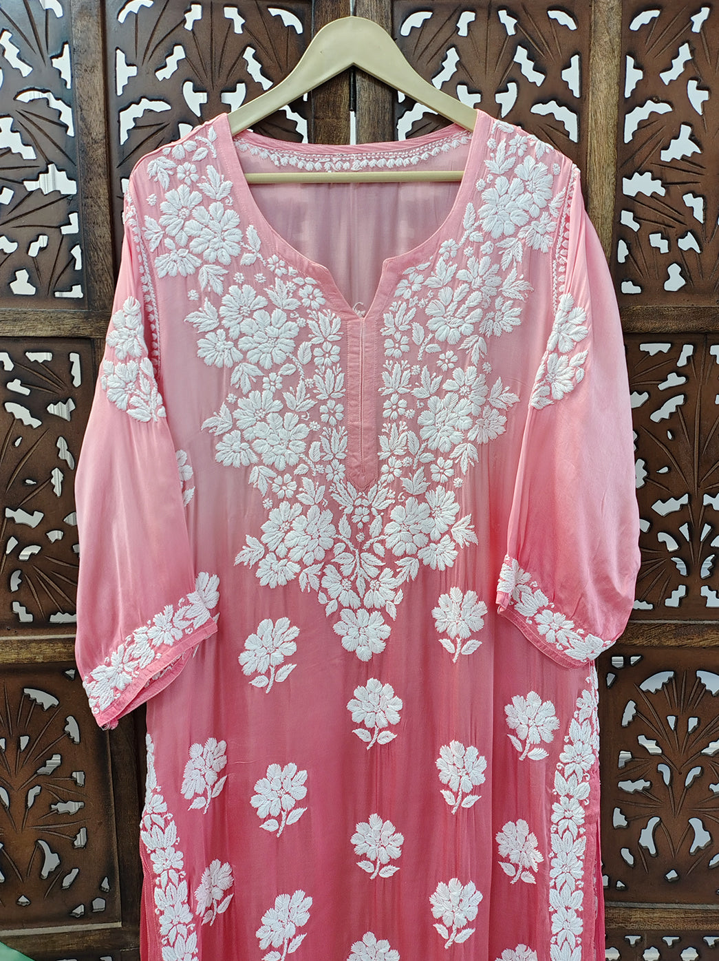 Peach Ombre Satin Modal Chikankari Straight Kurti