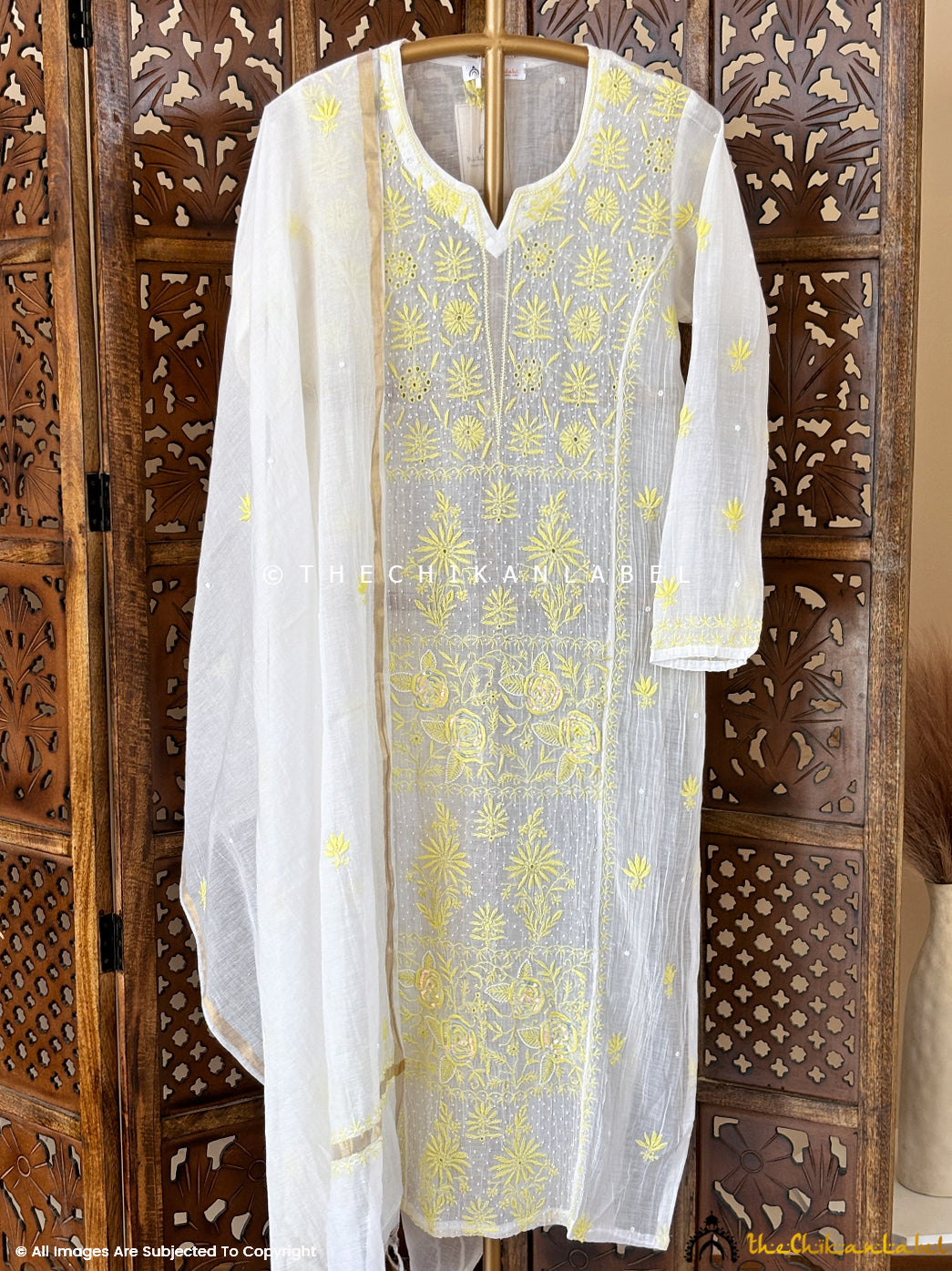 White Neysa Chanderi Mulmul Chikankari Kurti With dupatta