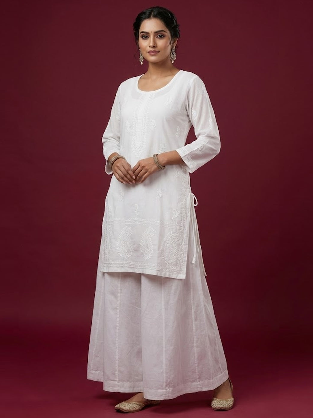 White Cotton Chikankari Kurti with Attached Salwar