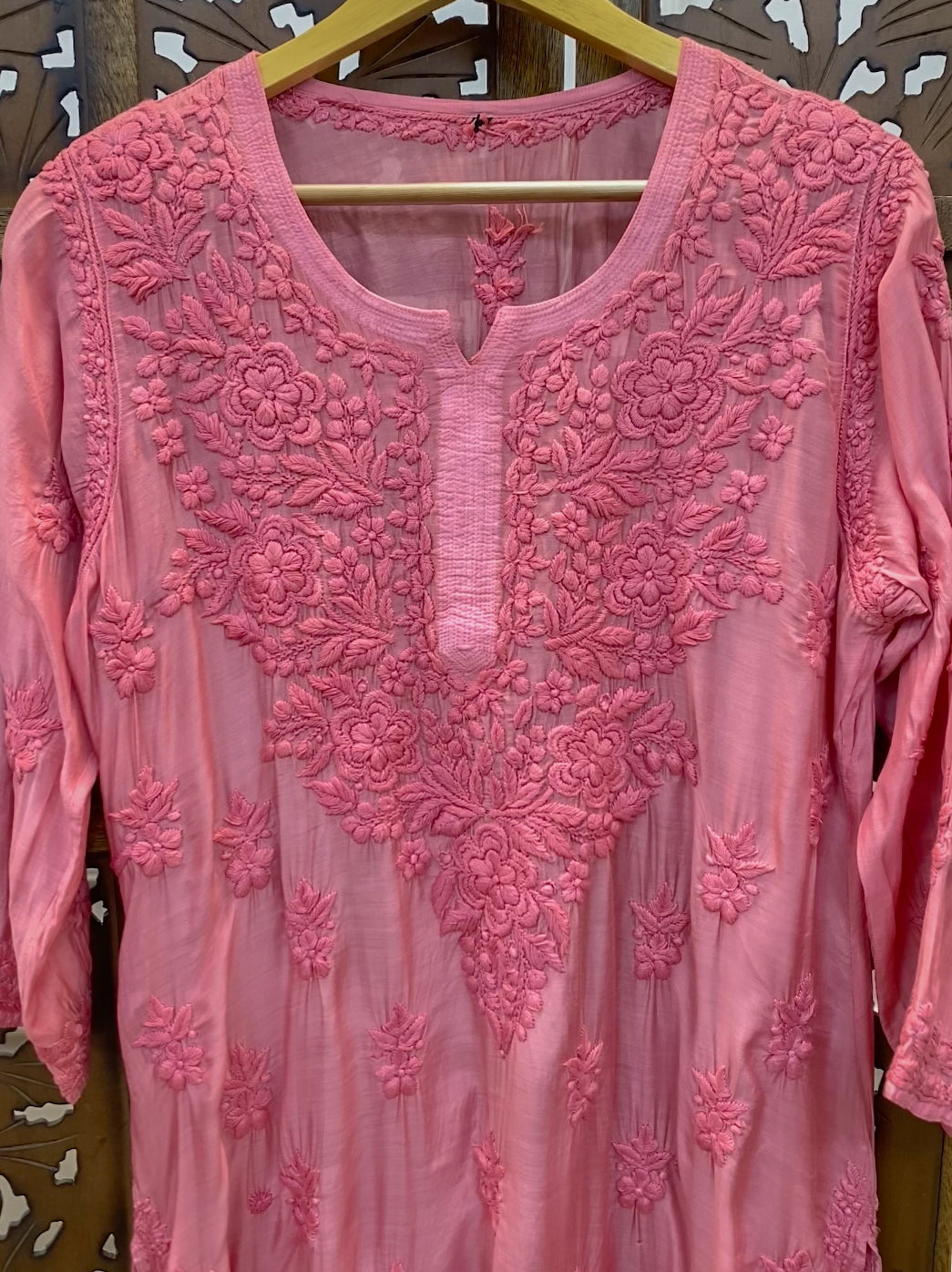 Bubblegum Muslin Chikankari Straight Kurti