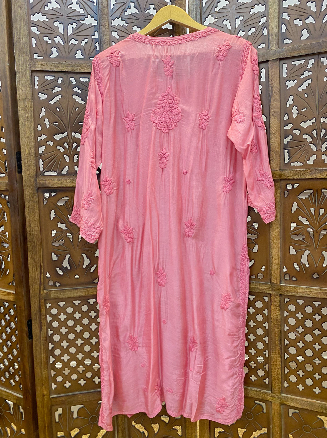 Bubblegum Muslin Chikankari Straight Kurti