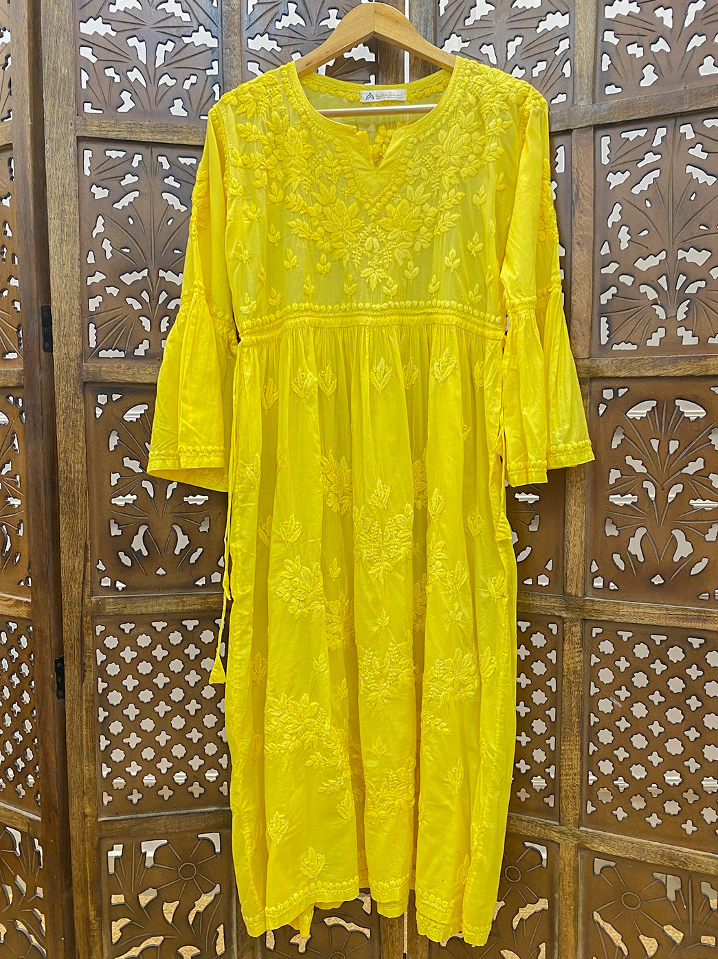 Yellow Mulmul Chikankari A-Line Kurti