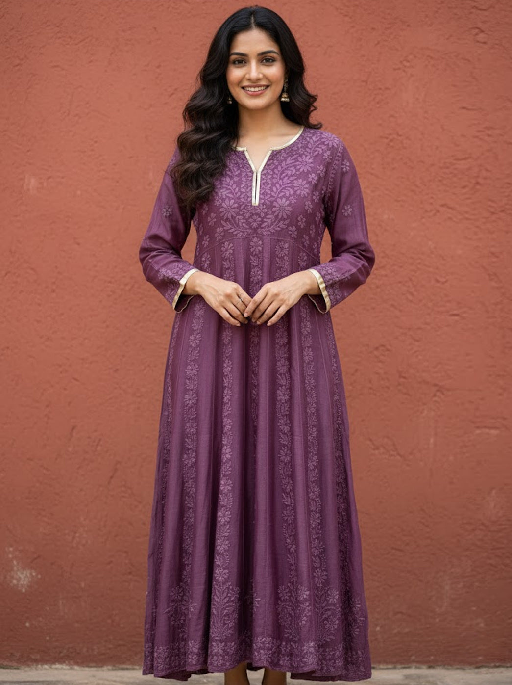 Mauve Chanderi Chikankari Gown