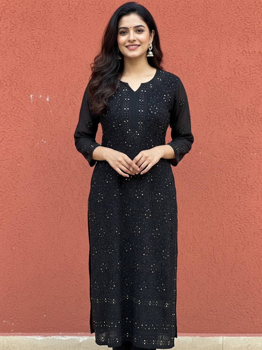Black Mukaish Viscose Chikankari Straight Kurti