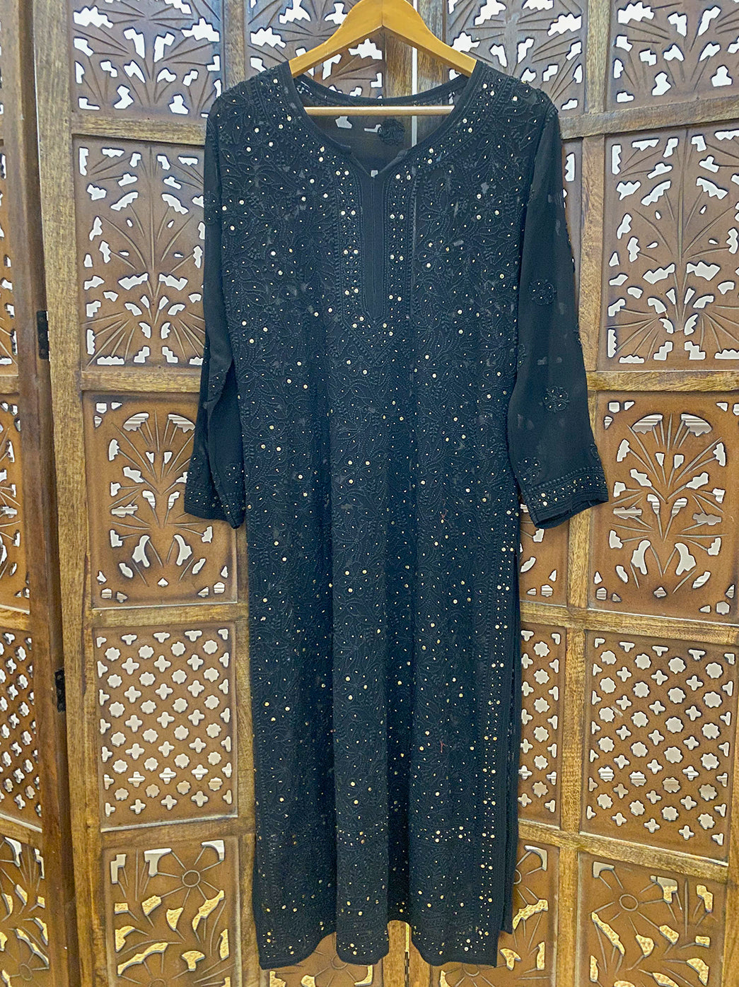 Black Mukaish Viscose Chikankari Straight Kurti