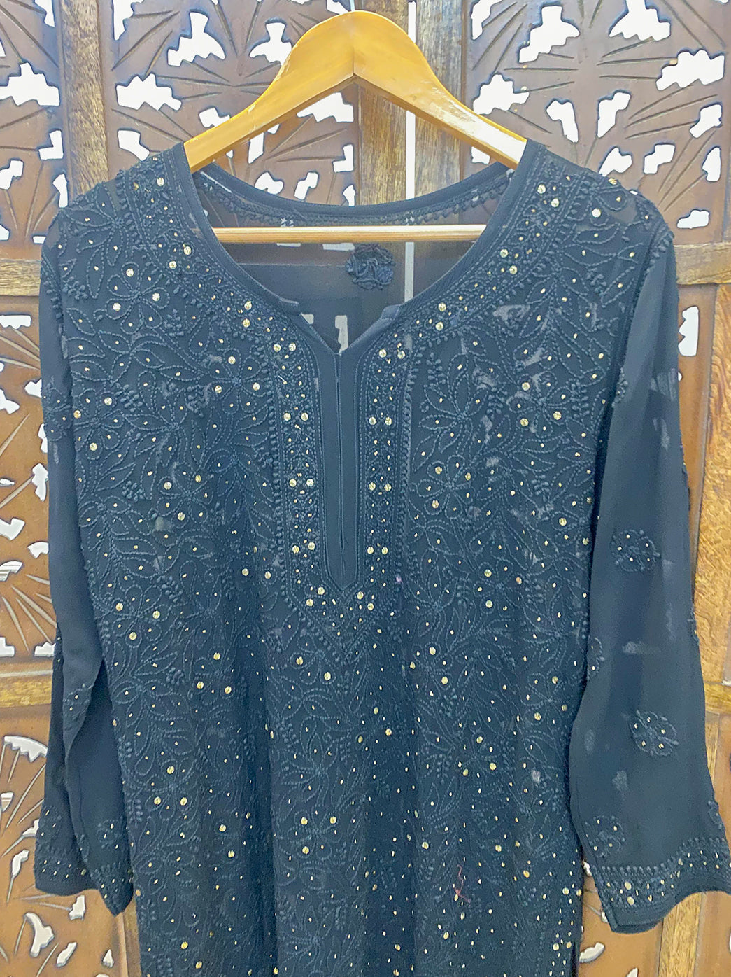 Black Mukaish Viscose Chikankari Straight Kurti
