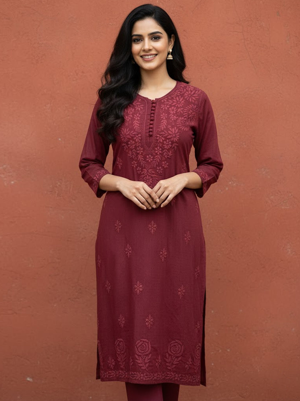 Coral Cotton Chikankari Straight Kurti