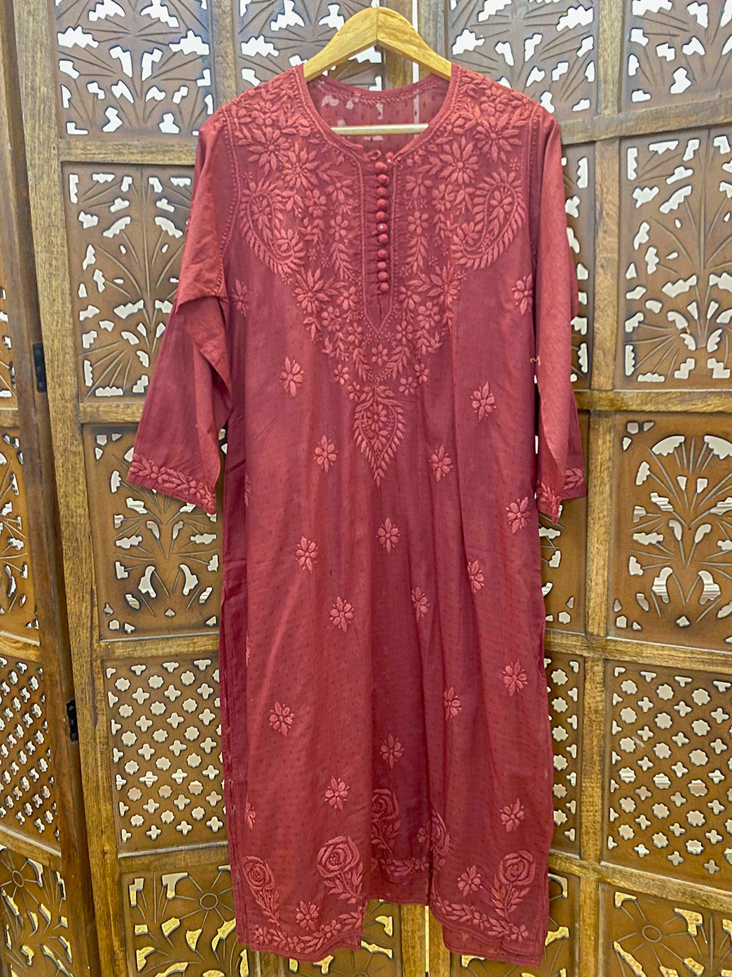 Coral Cotton Chikankari Straight Kurti
