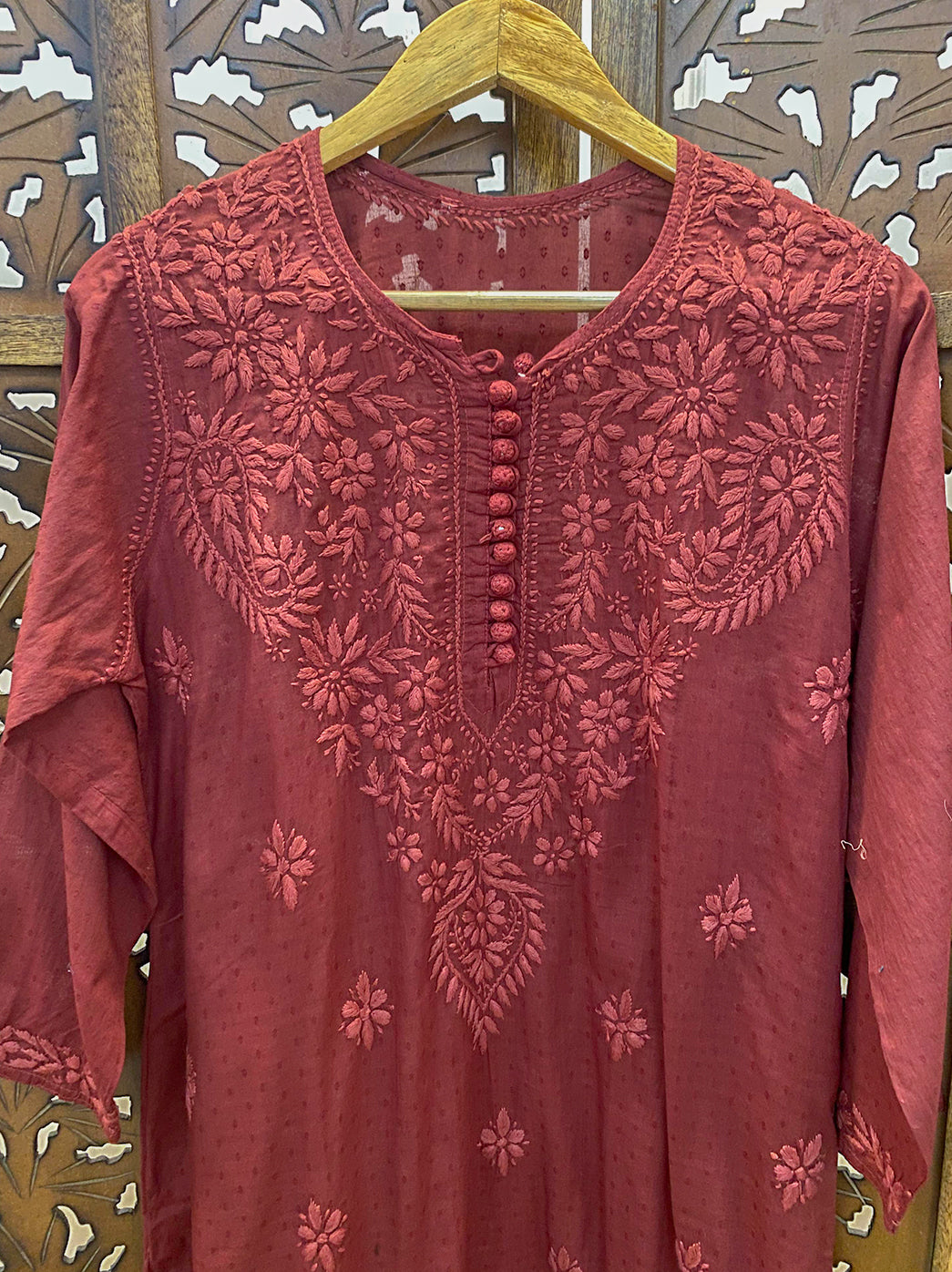 Coral Cotton Chikankari Straight Kurti