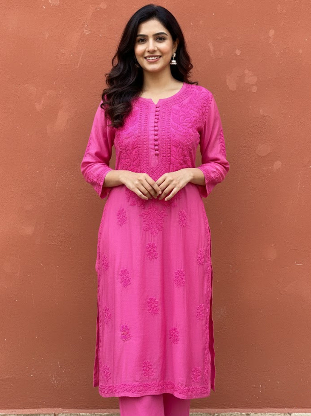 Hot Pink Muslin Chikankari Straight Kurti