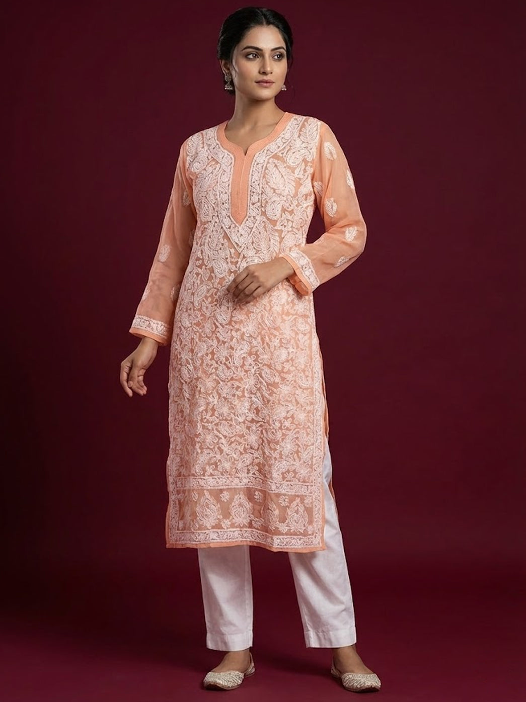 Orange Georgette Chikankari Straight Kurti