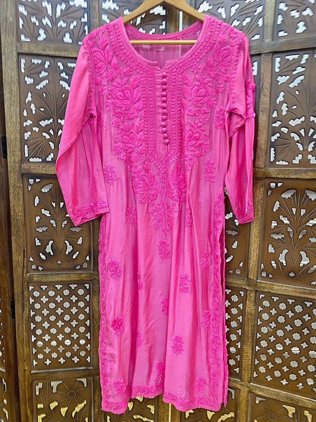 Hot Pink Muslin Chikankari Straight Kurti