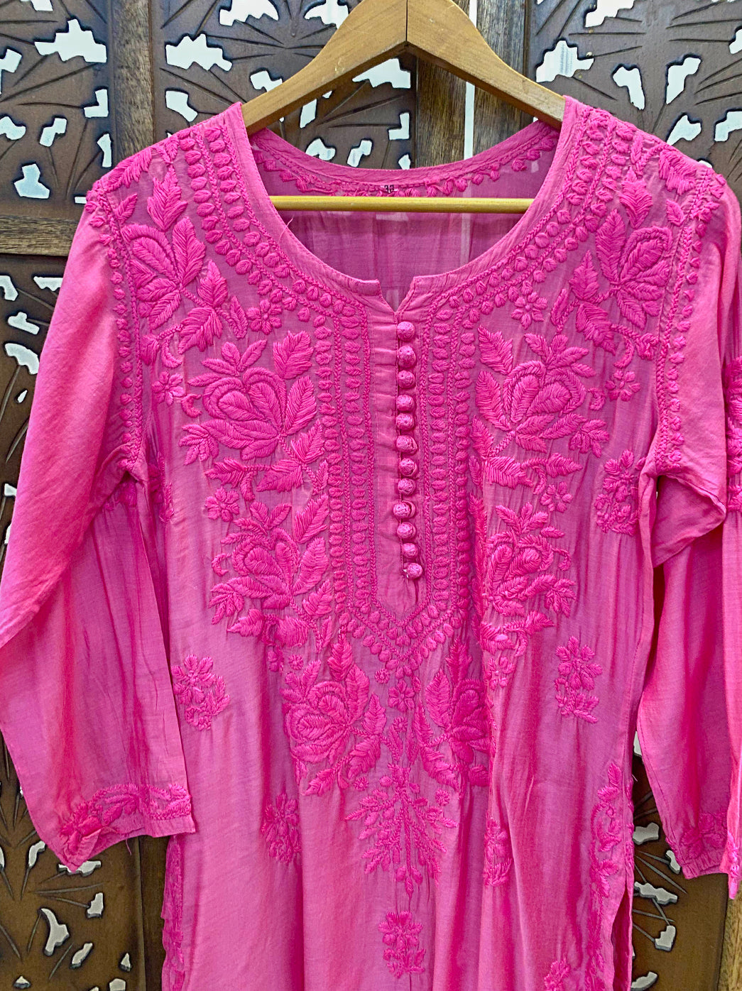 Hot Pink Muslin Chikankari Straight Kurti