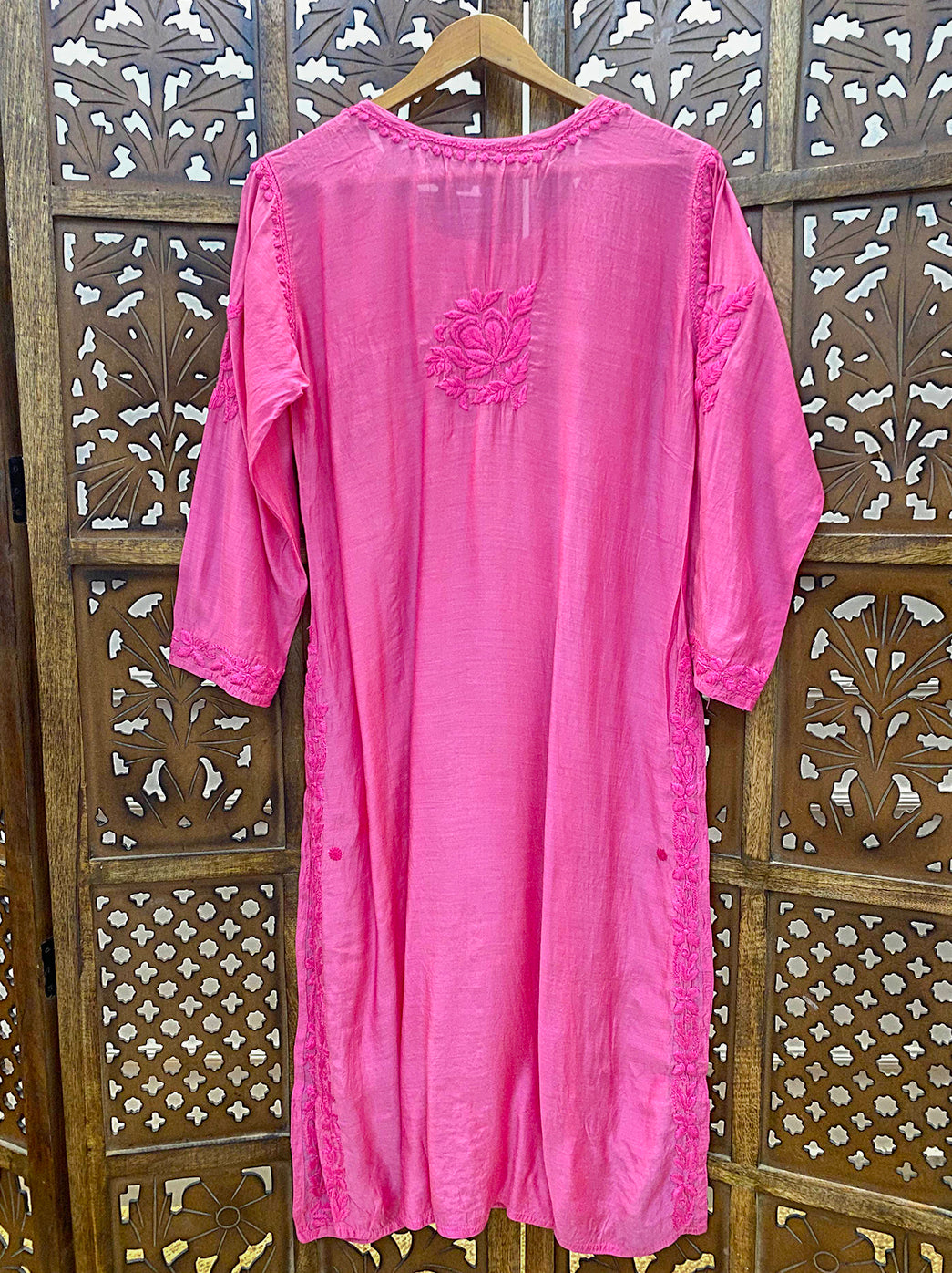Hot Pink Muslin Chikankari Straight Kurti