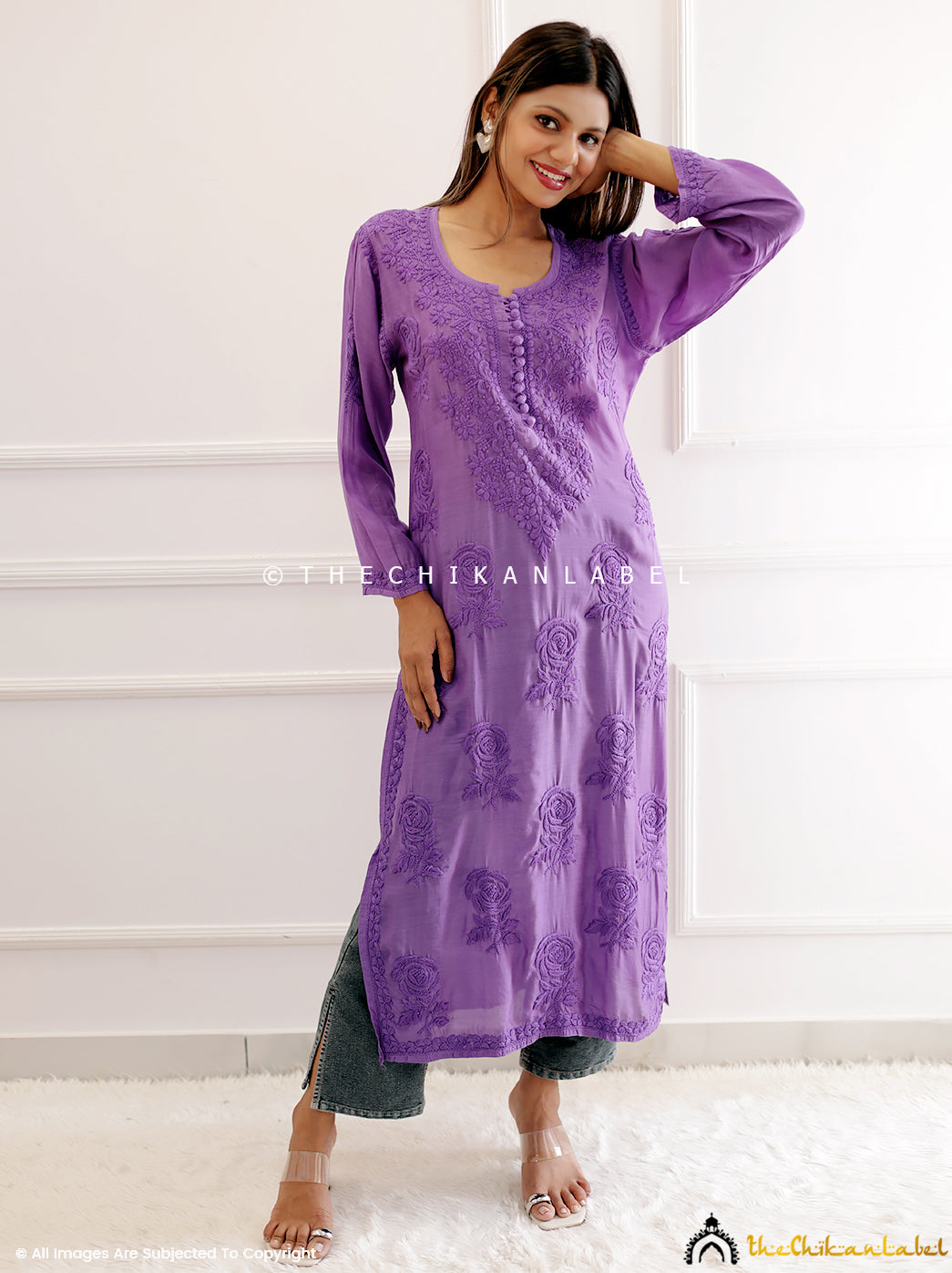 Lavender Gulaab Muslin Chikankari Straight Kurti